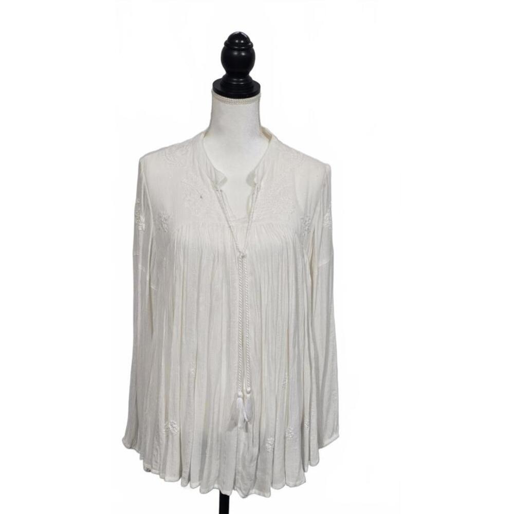 Elegant White Long Sleeve Boho Blouse with Tassel Tie